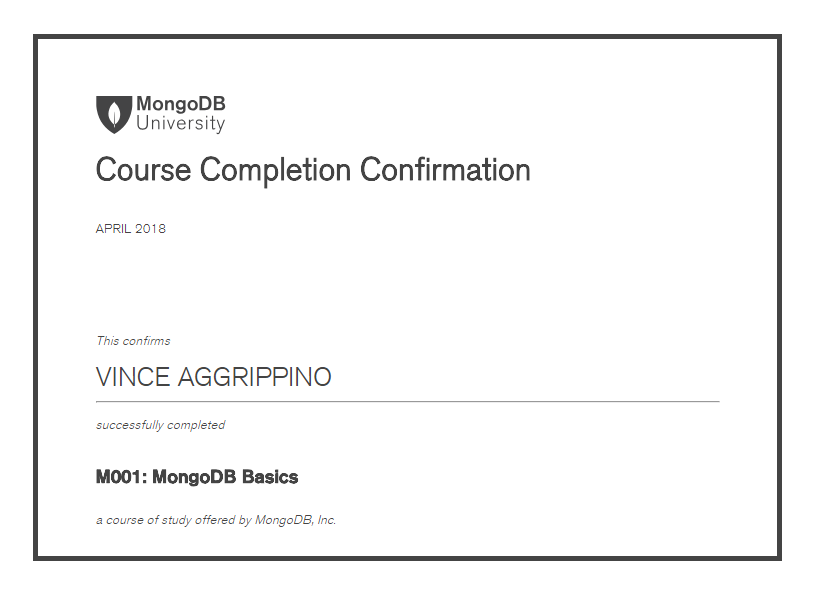 MongoDB University MongoDB Basics certificate